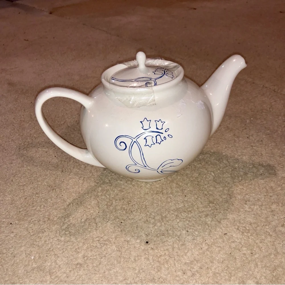 White Ceramic IKEA Teapot with Blue Floral Motif